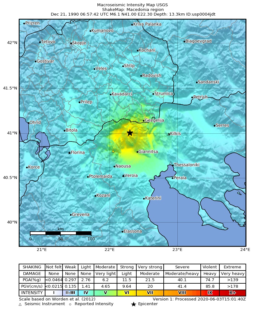 USGS ShakeMap: estimated shaking intensity around the epicenter