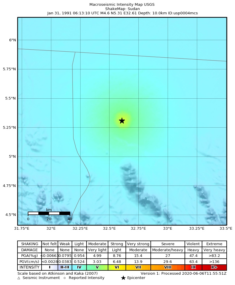 USGS ShakeMap: estimated shaking intensity around the epicenter
