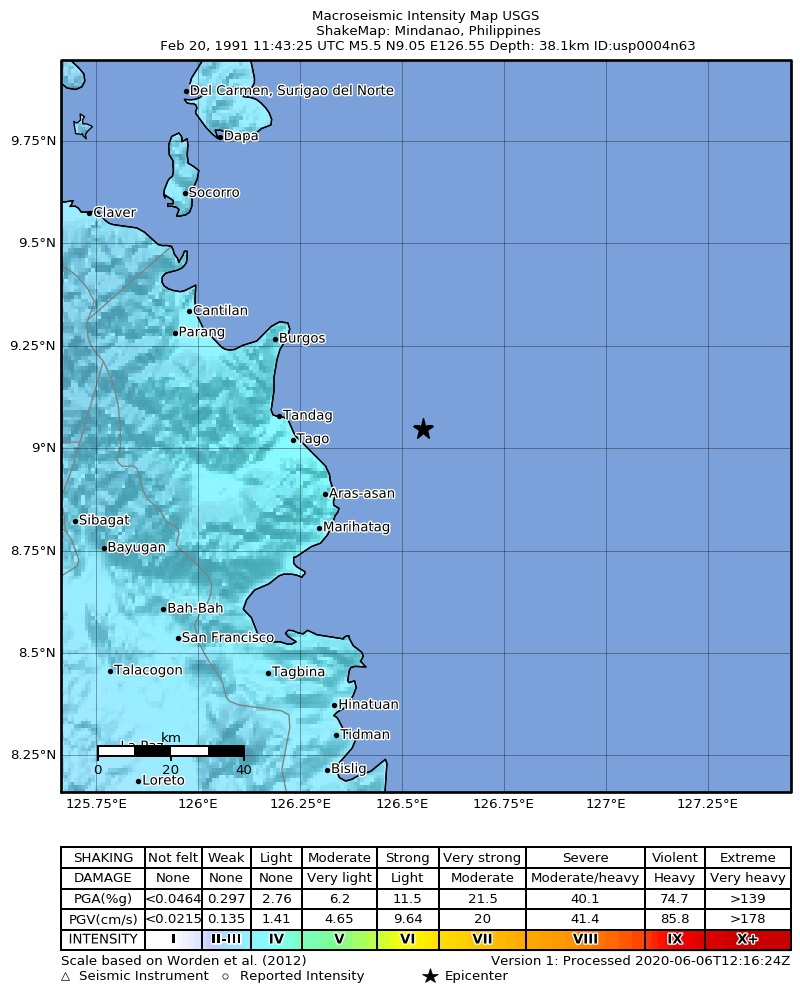 USGS ShakeMap: estimated shaking intensity around the epicenter