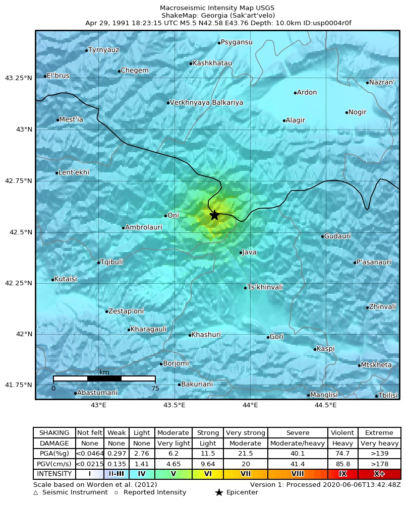 USGS ShakeMap: estimated shaking intensity around the epicenter