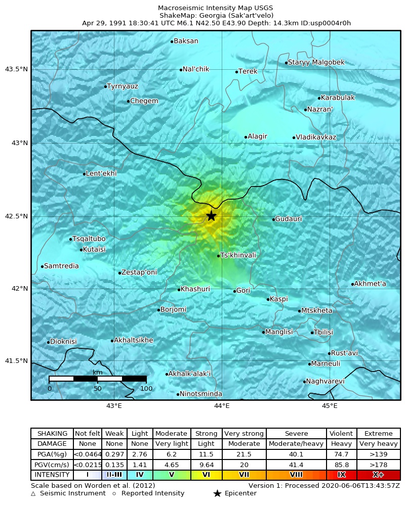 USGS ShakeMap: estimated shaking intensity around the epicenter