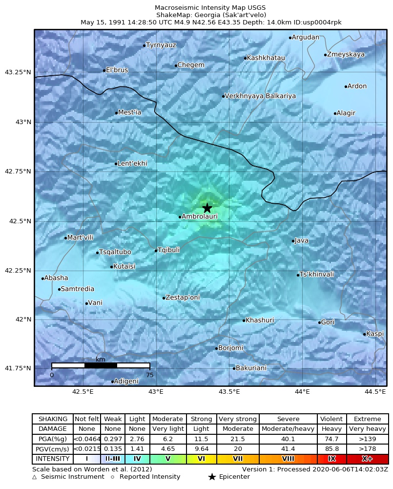 USGS ShakeMap: estimated shaking intensity around the epicenter