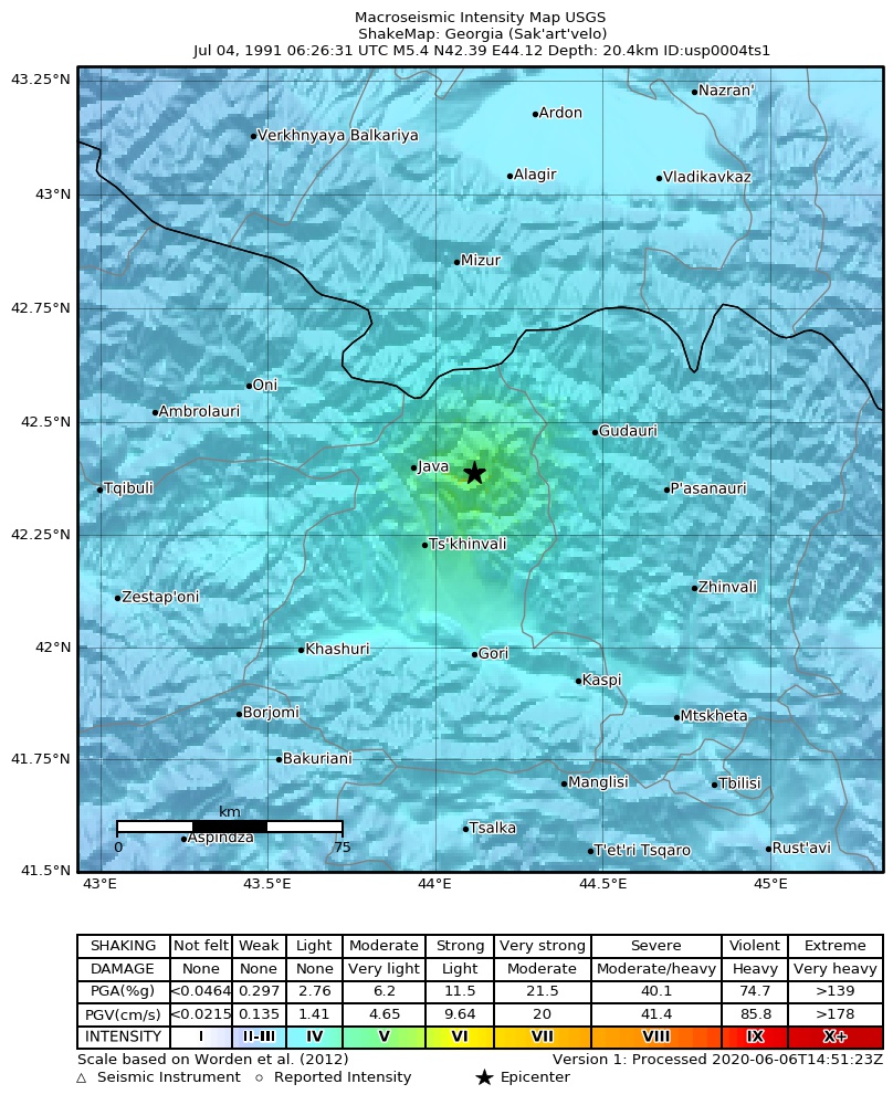USGS ShakeMap: estimated shaking intensity around the epicenter