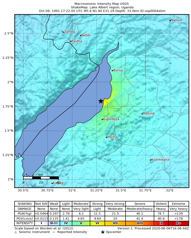 USGS ShakeMap: estimated shaking intensity around the epicenter