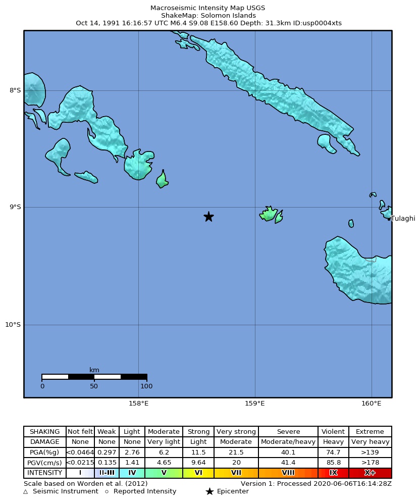USGS ShakeMap: estimated shaking intensity around the epicenter