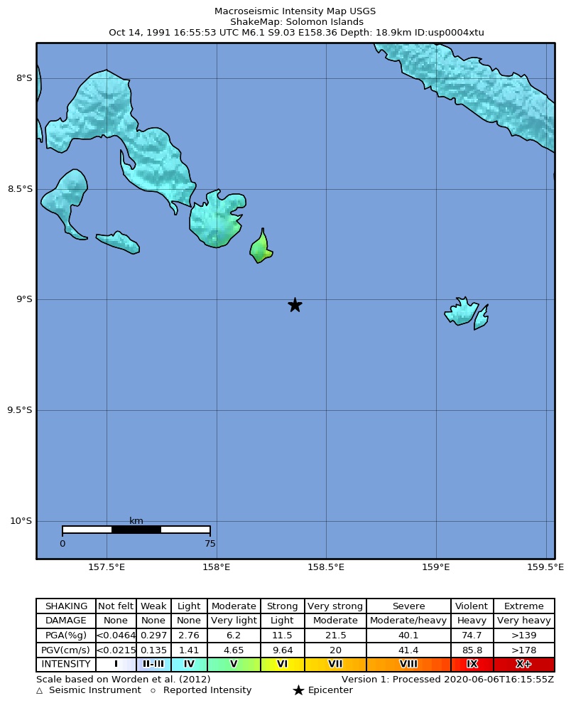 USGS ShakeMap: estimated shaking intensity around the epicenter