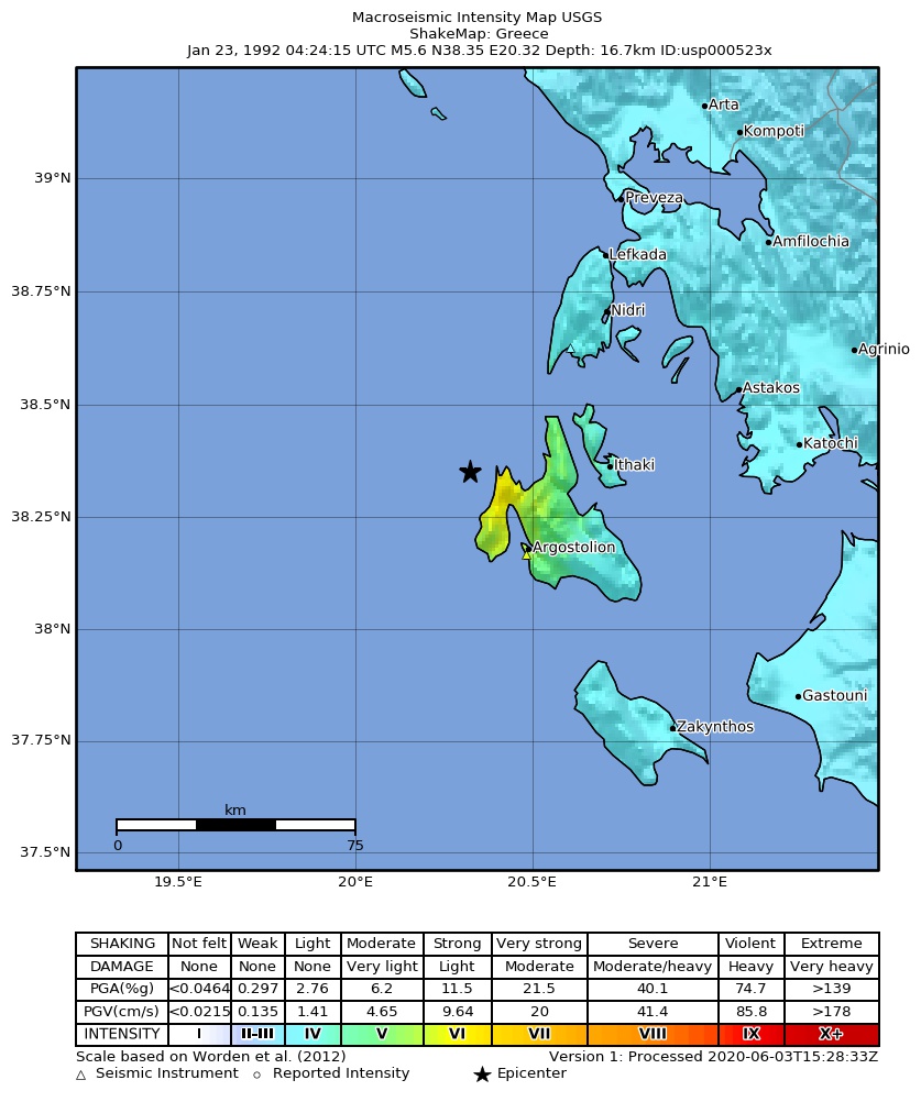 USGS ShakeMap: estimated shaking intensity around the epicenter