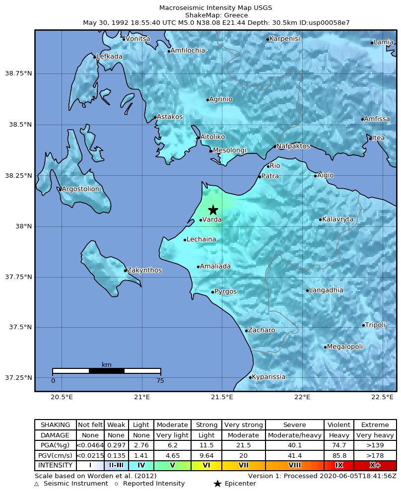 USGS ShakeMap: estimated shaking intensity around the epicenter