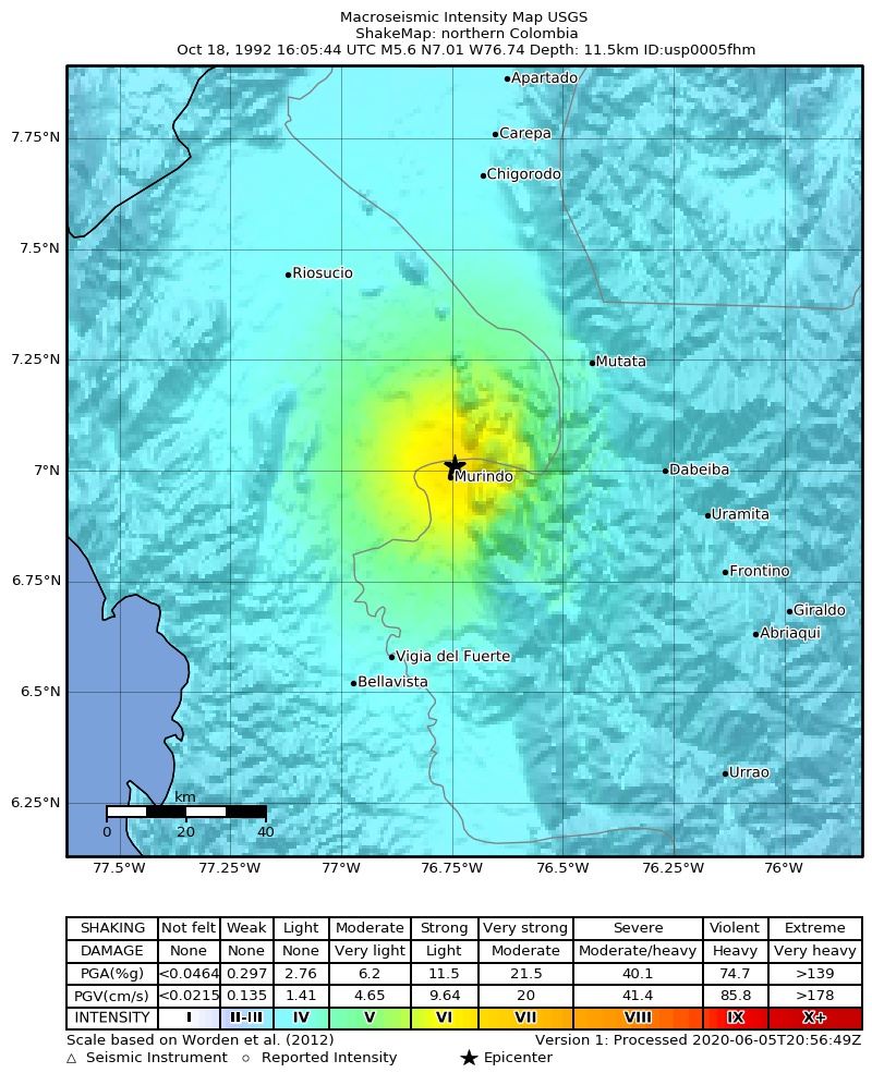 USGS ShakeMap: estimated shaking intensity around the epicenter