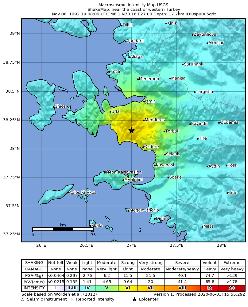 USGS ShakeMap: estimated shaking intensity around the epicenter