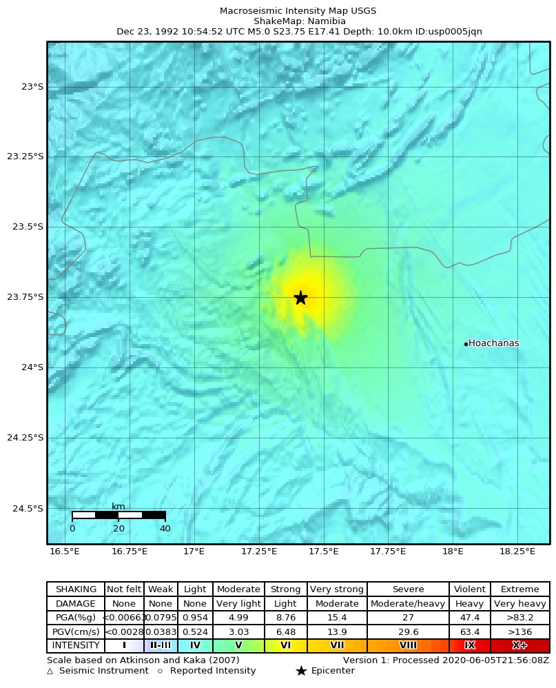 USGS ShakeMap: estimated shaking intensity around the epicenter