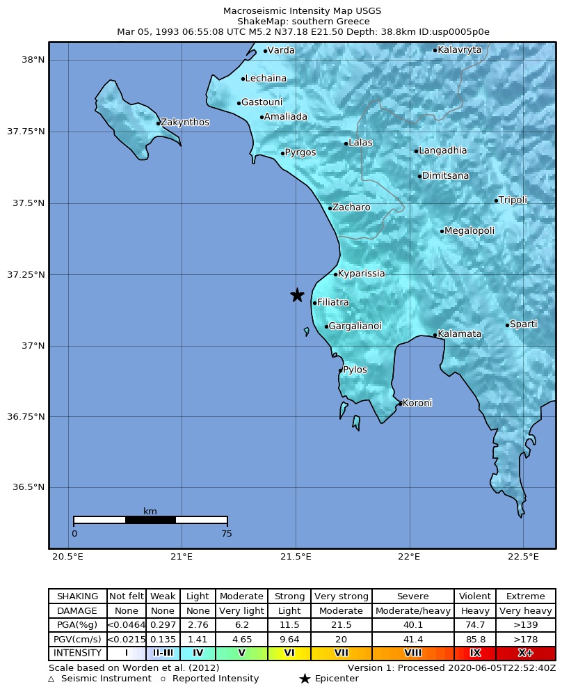 USGS ShakeMap: estimated shaking intensity around the epicenter