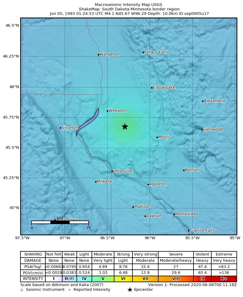USGS ShakeMap: estimated shaking intensity around the epicenter