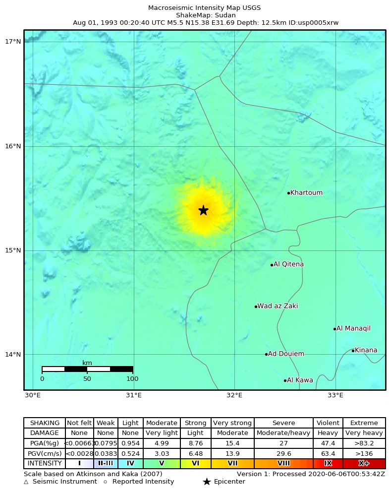 USGS ShakeMap: estimated shaking intensity around the epicenter