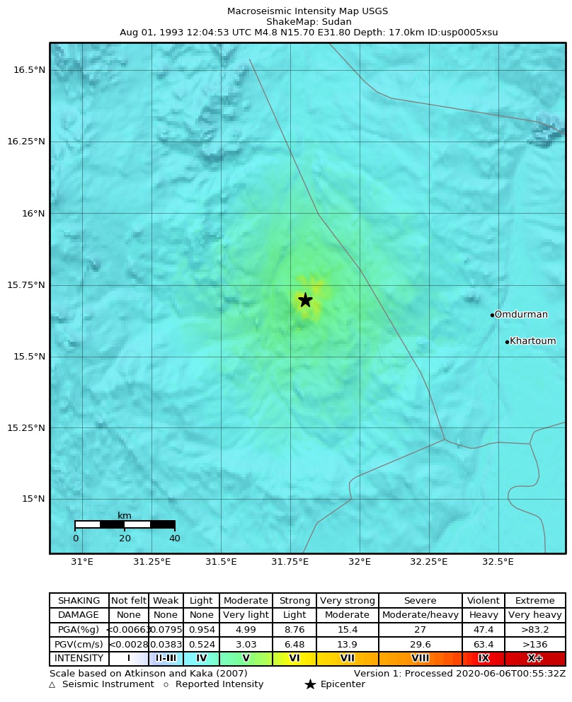 USGS ShakeMap: estimated shaking intensity around the epicenter