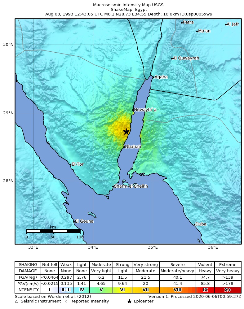 USGS ShakeMap: estimated shaking intensity around the epicenter