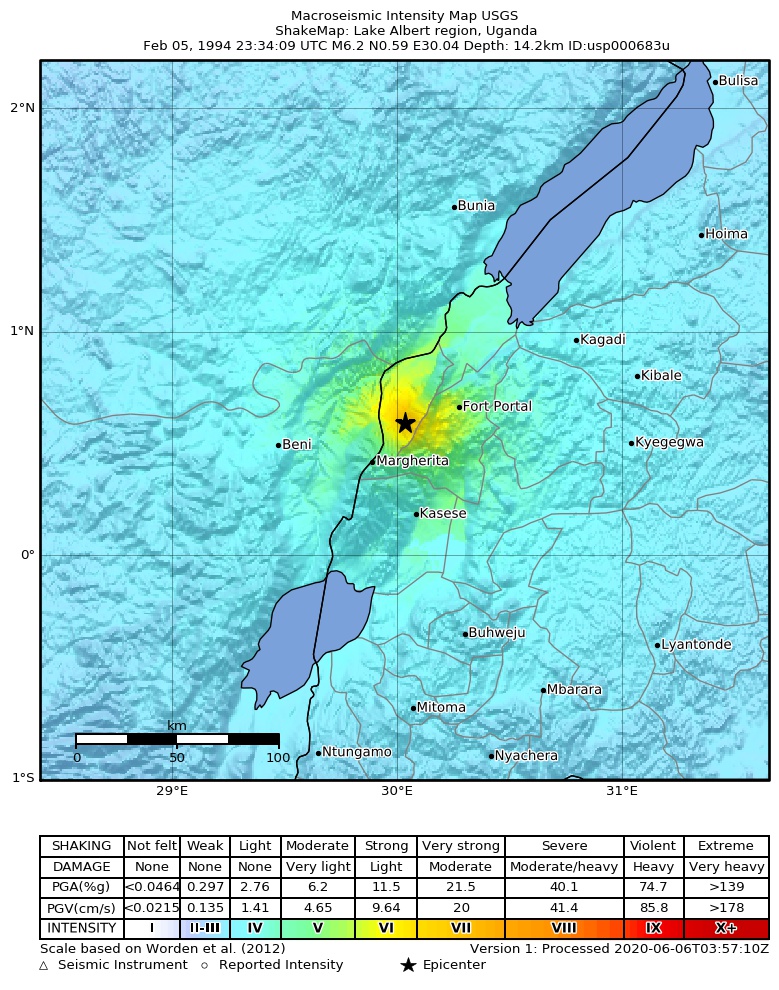 USGS ShakeMap: estimated shaking intensity around the epicenter