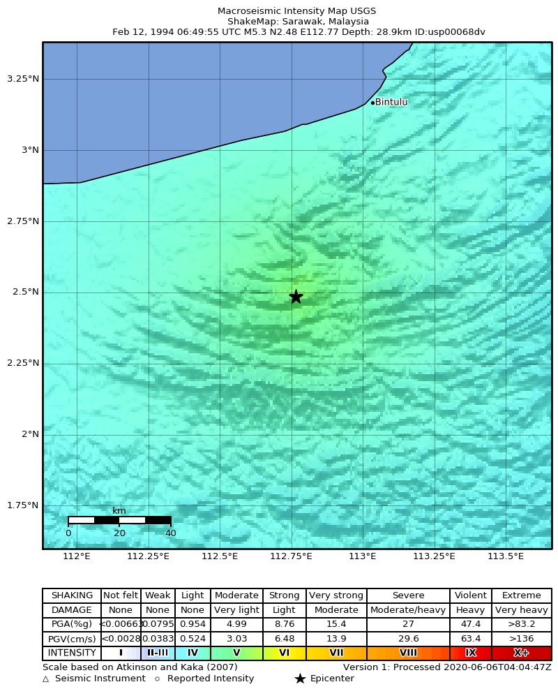 USGS ShakeMap: estimated shaking intensity around the epicenter