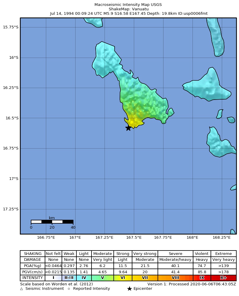 USGS ShakeMap: estimated shaking intensity around the epicenter