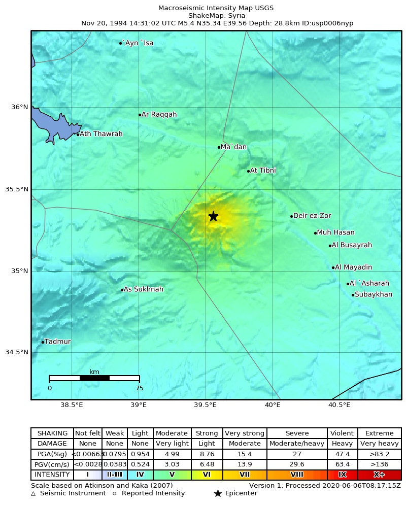 USGS ShakeMap: estimated shaking intensity around the epicenter