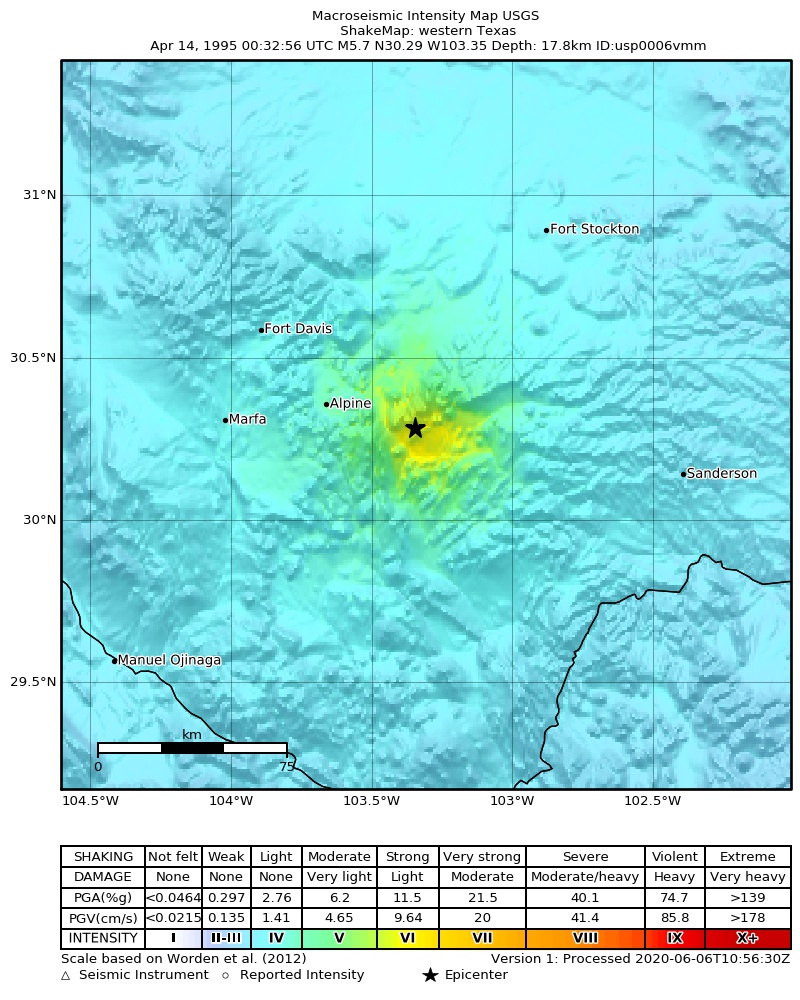 USGS ShakeMap: estimated shaking intensity around the epicenter