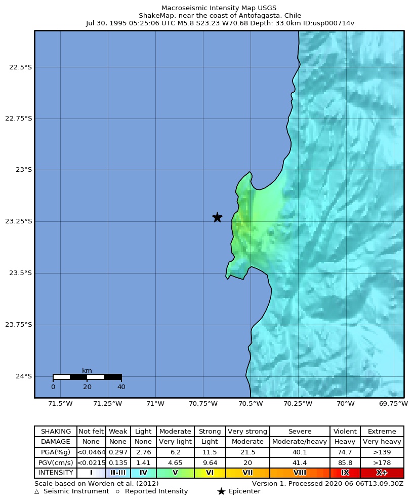 USGS ShakeMap: estimated shaking intensity around the epicenter