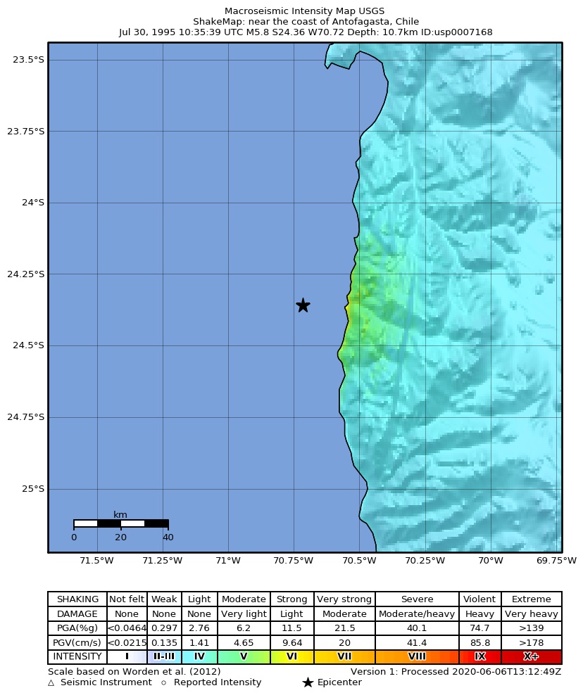 USGS ShakeMap: estimated shaking intensity around the epicenter