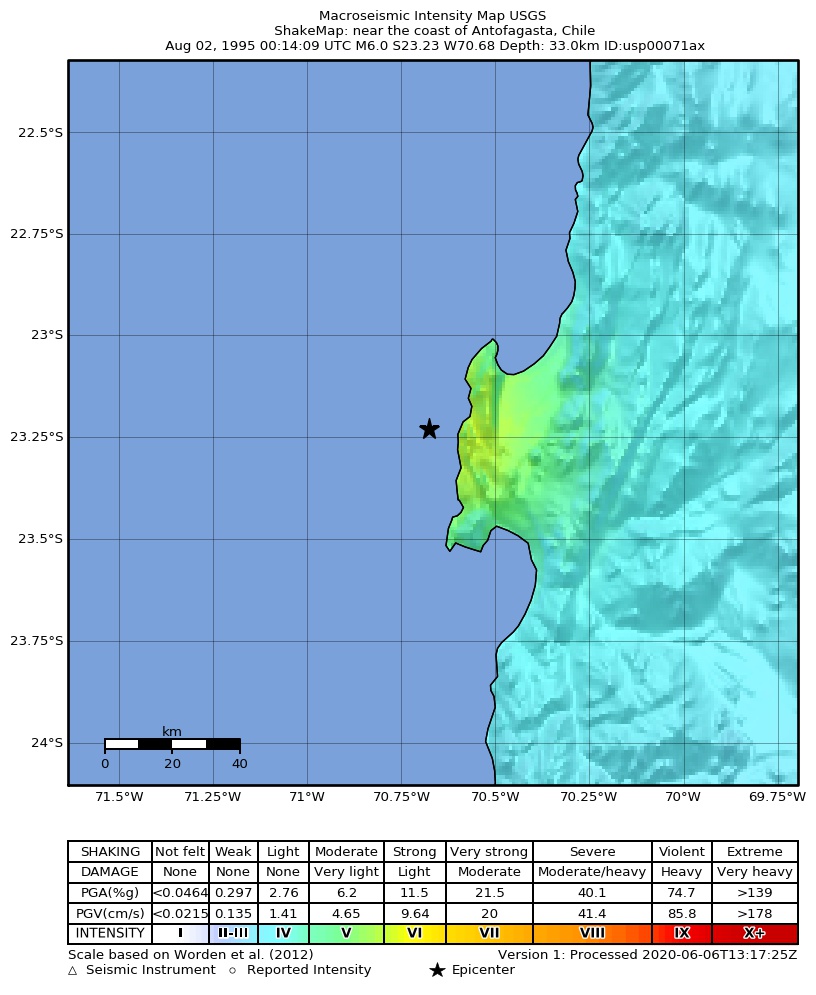 USGS ShakeMap: estimated shaking intensity around the epicenter