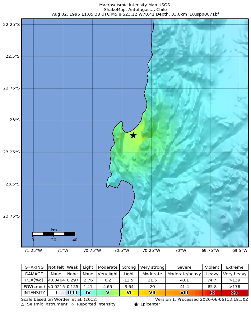 USGS ShakeMap: estimated shaking intensity around the epicenter