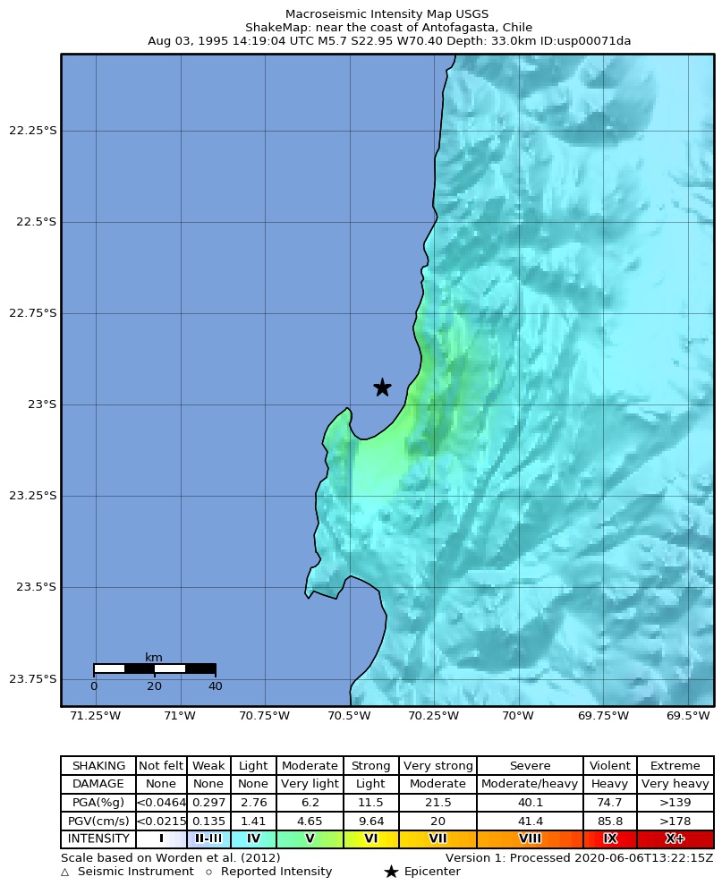 USGS ShakeMap: estimated shaking intensity around the epicenter