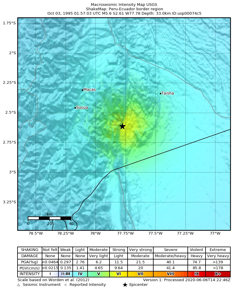 USGS ShakeMap: estimated shaking intensity around the epicenter