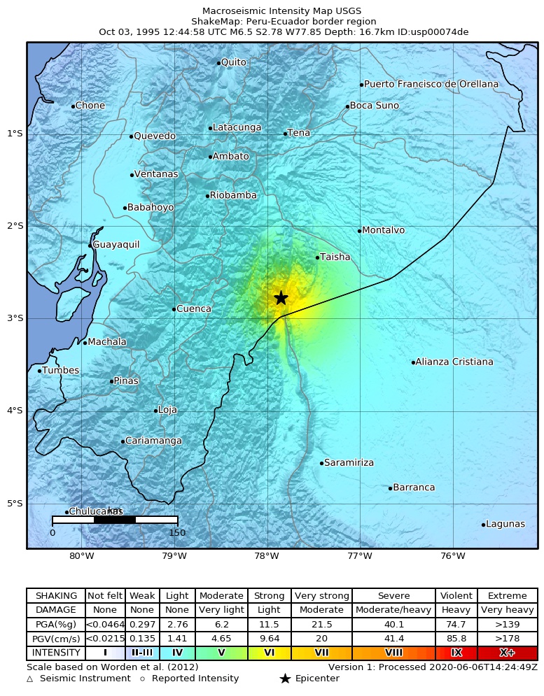 USGS ShakeMap: estimated shaking intensity around the epicenter