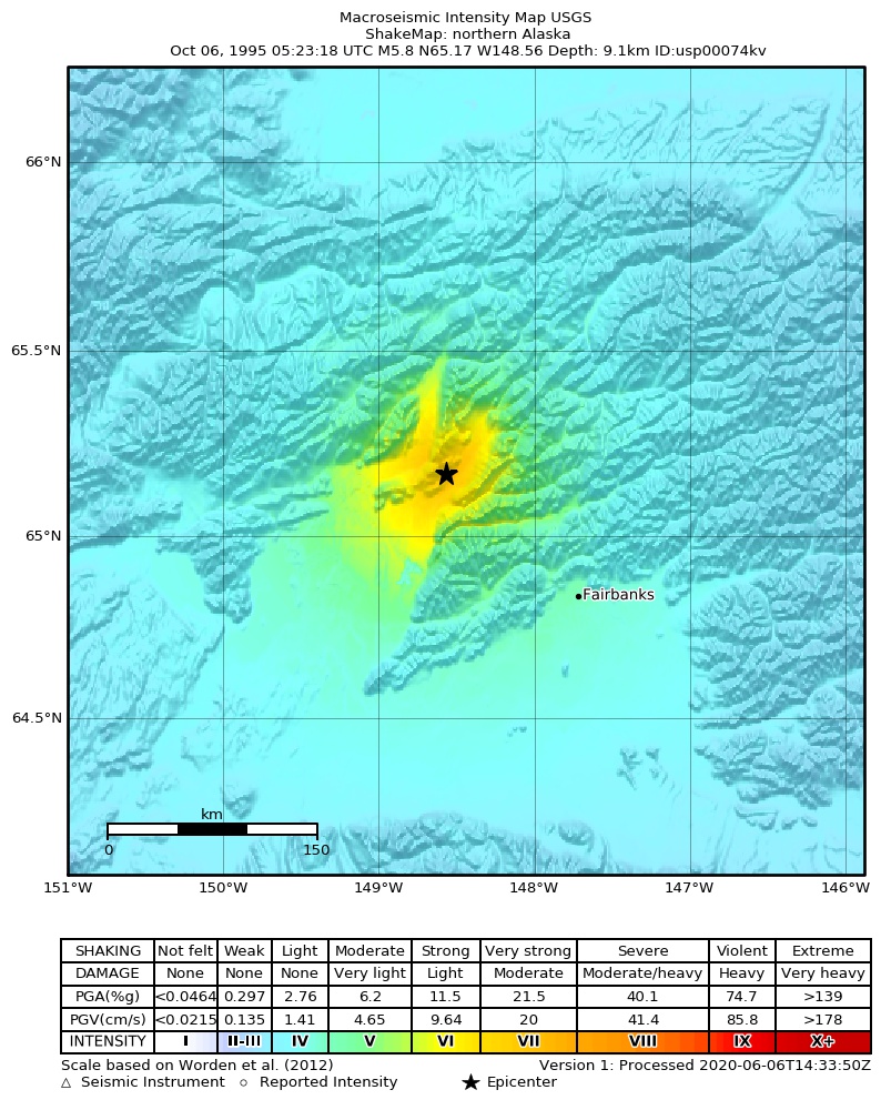 USGS ShakeMap: estimated shaking intensity around the epicenter