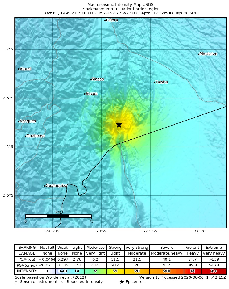 USGS ShakeMap: estimated shaking intensity around the epicenter