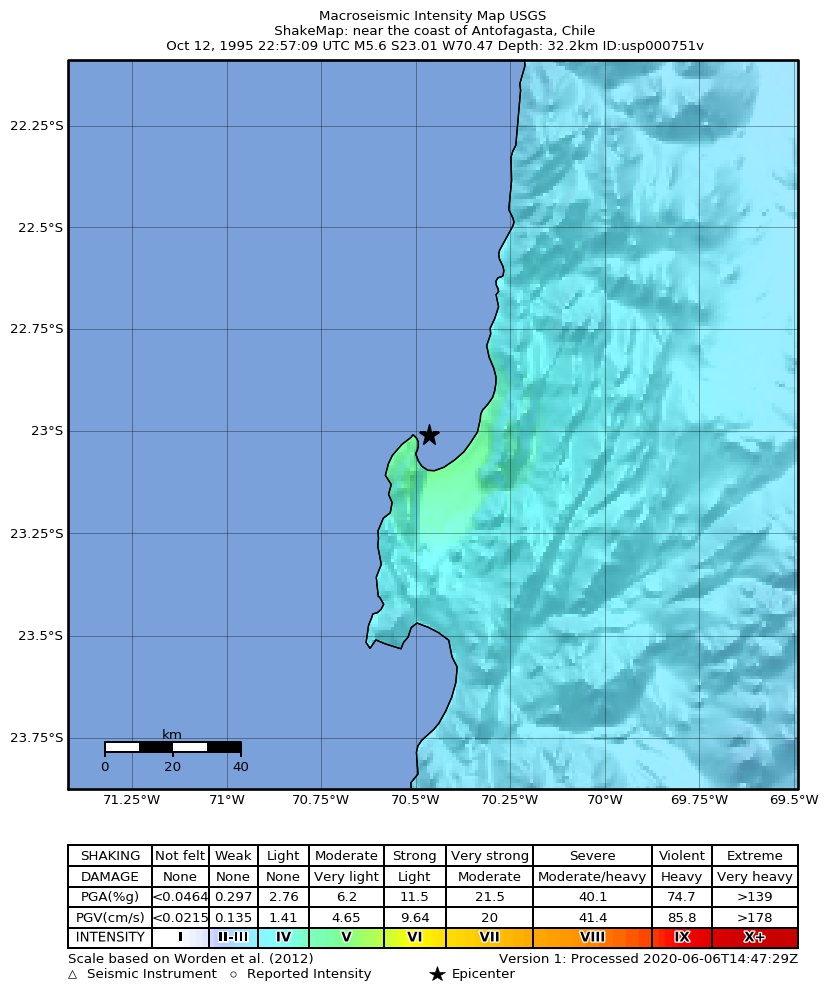 USGS ShakeMap: estimated shaking intensity around the epicenter