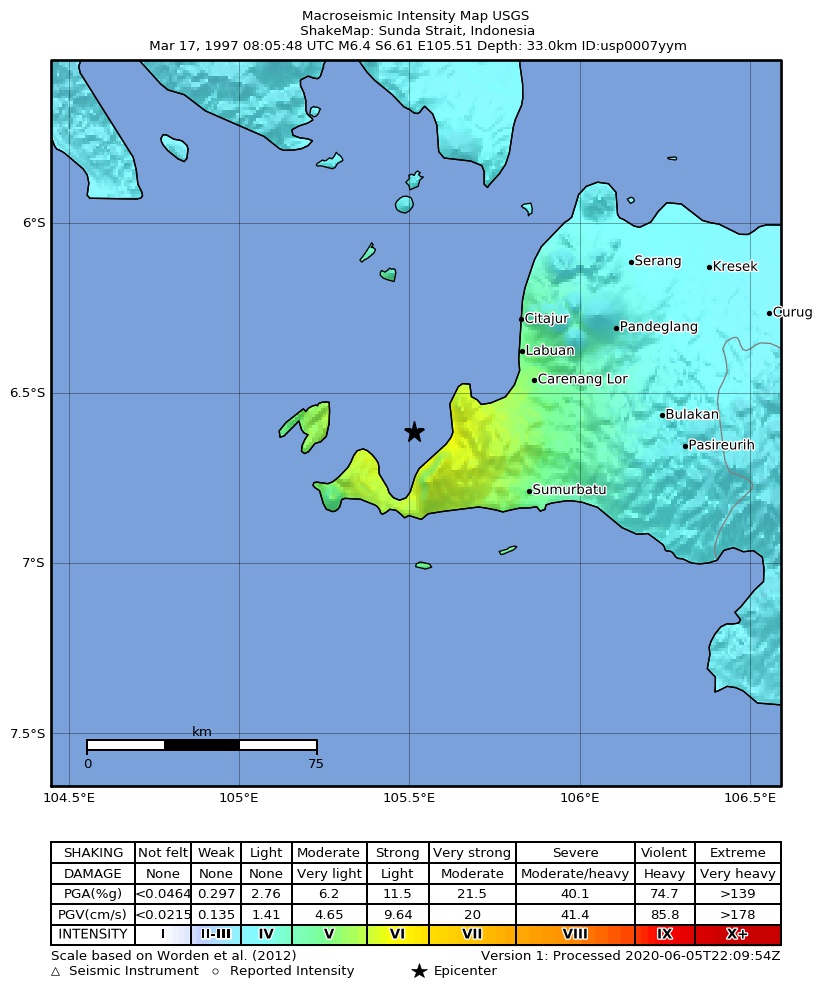 USGS ShakeMap: estimated shaking intensity around the epicenter