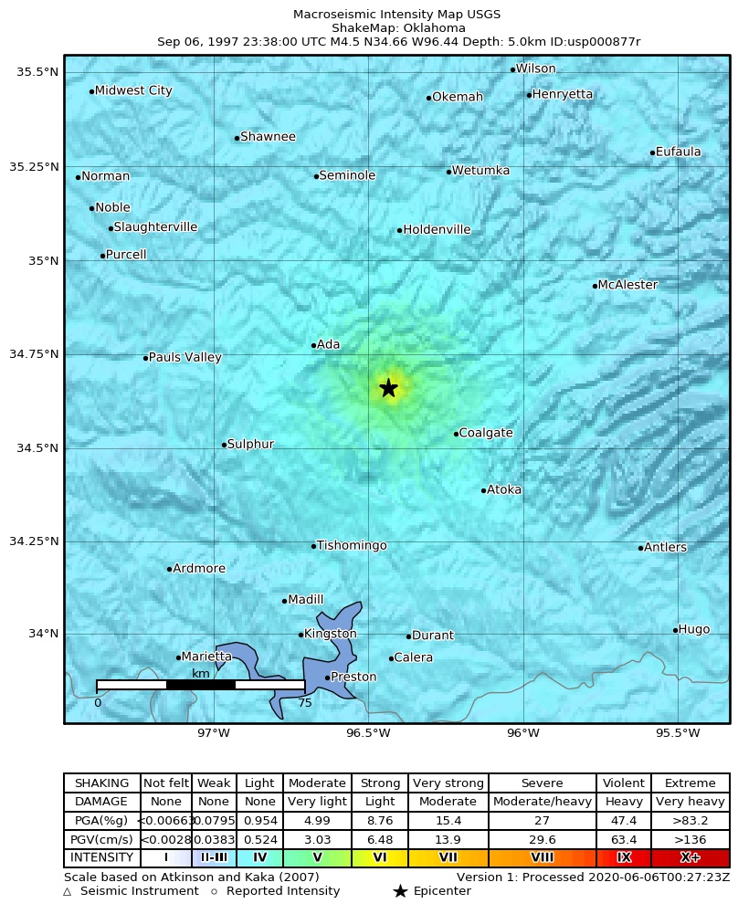 USGS ShakeMap: estimated shaking intensity around the epicenter