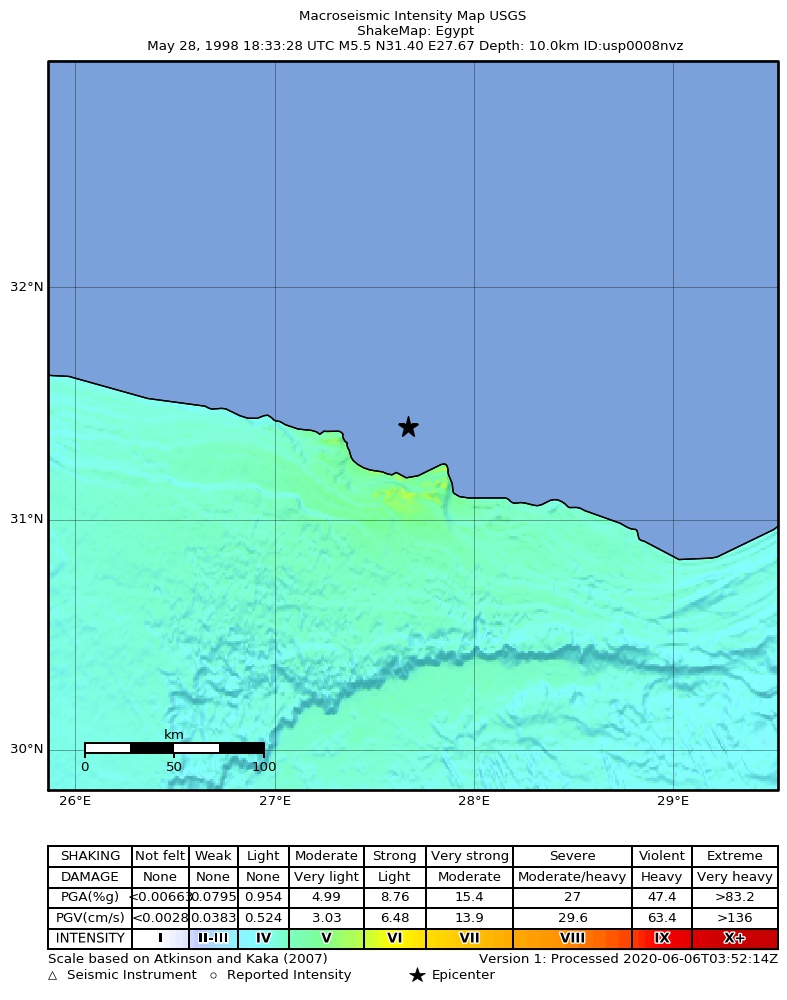 USGS ShakeMap: estimated shaking intensity around the epicenter