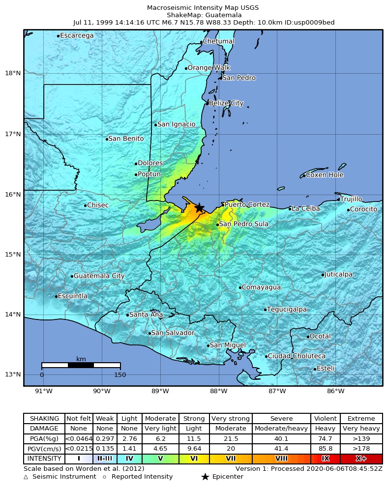 USGS ShakeMap: estimated shaking intensity around the epicenter