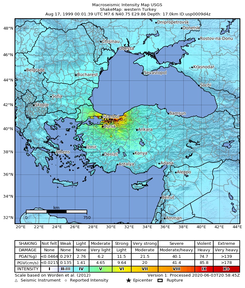 USGS ShakeMap: estimated shaking intensity around the epicenter