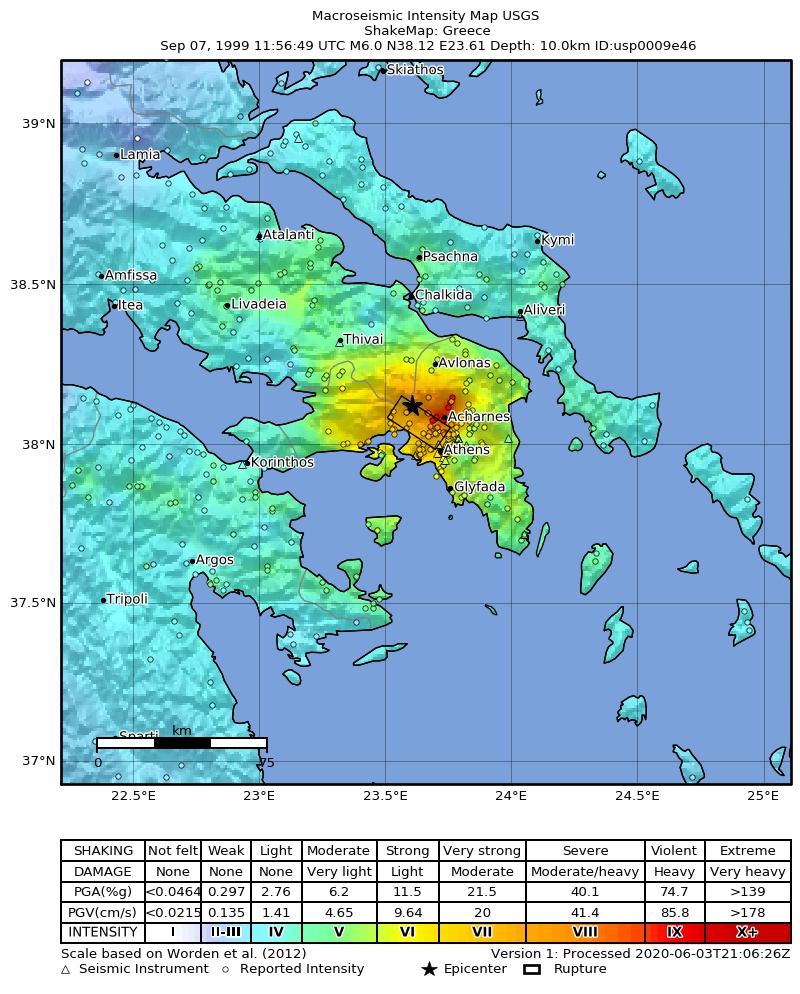 USGS ShakeMap: estimated shaking intensity around the epicenter