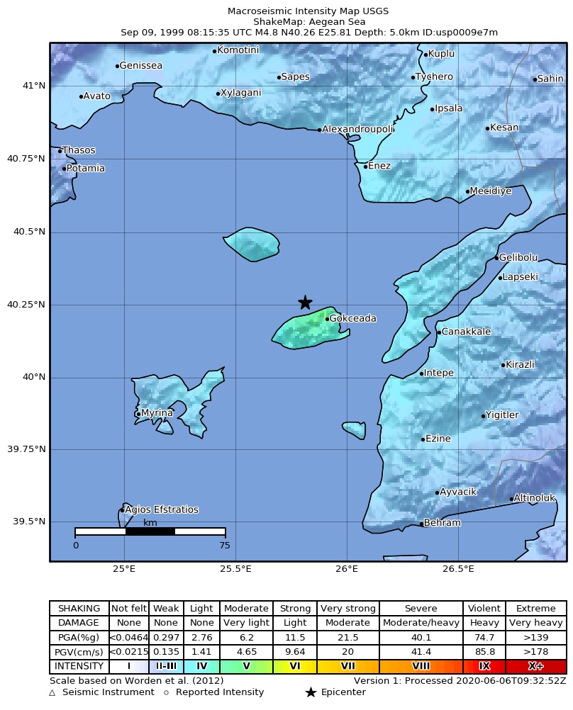 USGS ShakeMap: estimated shaking intensity around the epicenter