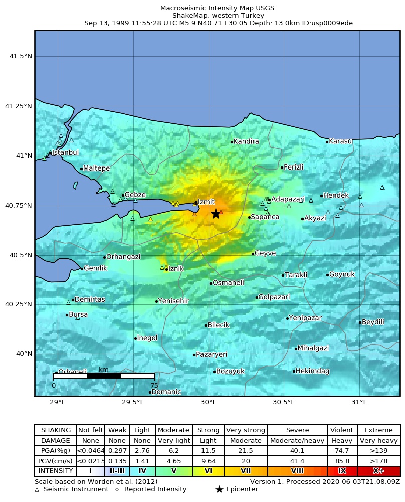 USGS ShakeMap: estimated shaking intensity around the epicenter