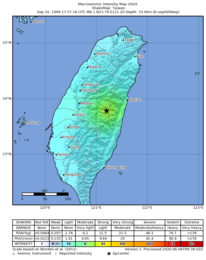 USGS ShakeMap: estimated shaking intensity around the epicenter