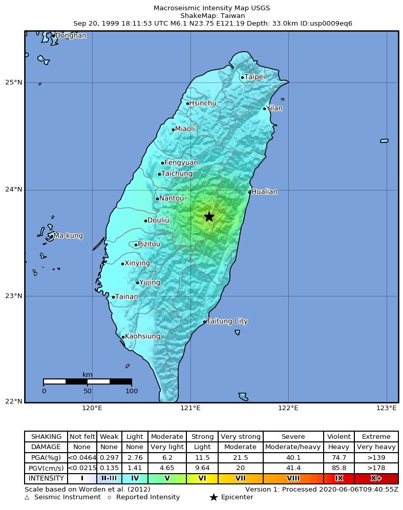 USGS ShakeMap: estimated shaking intensity around the epicenter