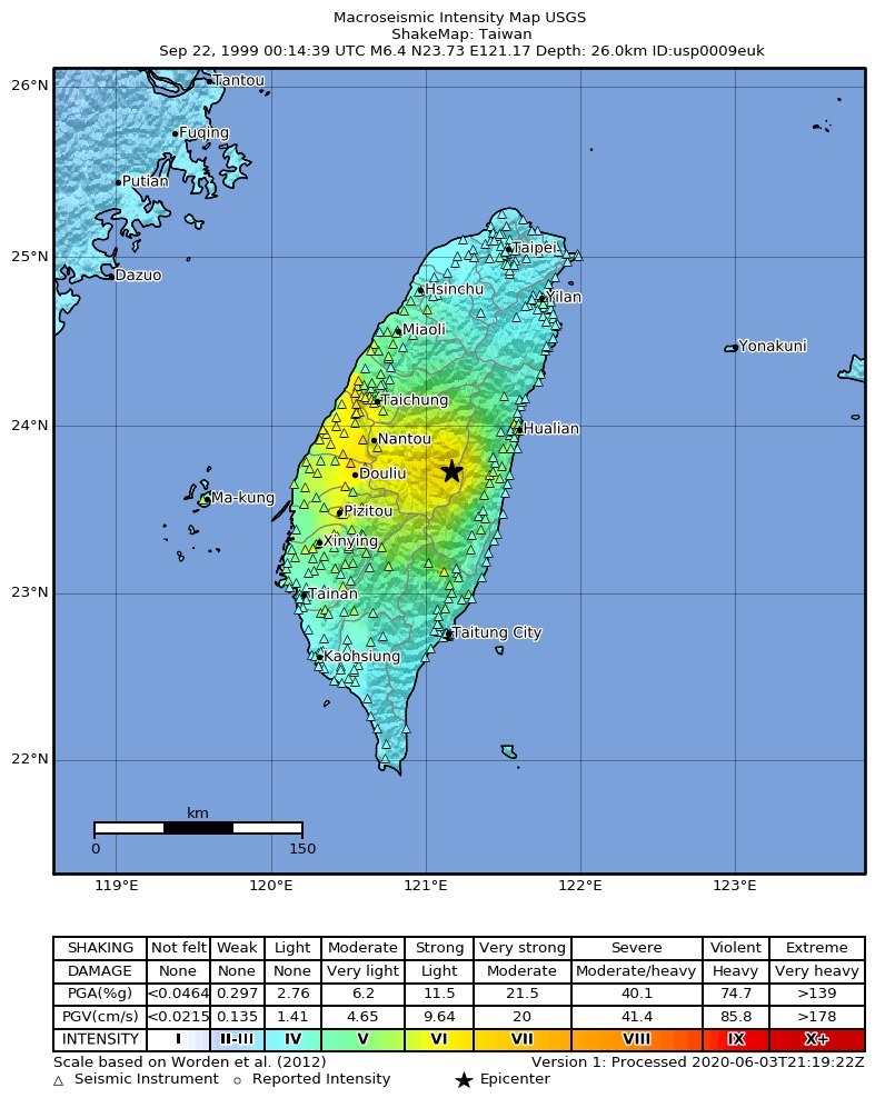 USGS ShakeMap: estimated shaking intensity around the epicenter