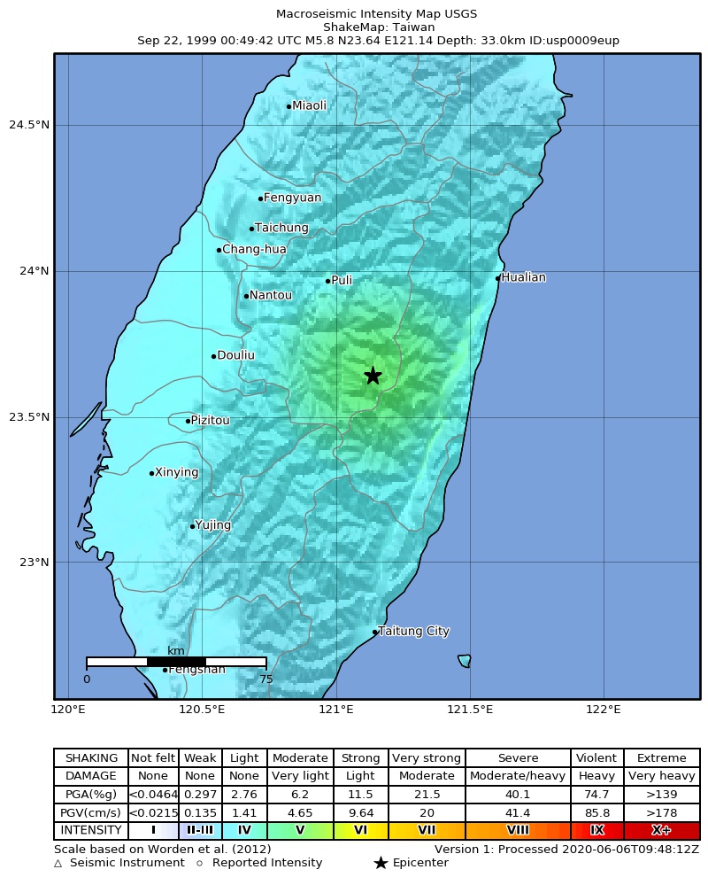 USGS ShakeMap: estimated shaking intensity around the epicenter