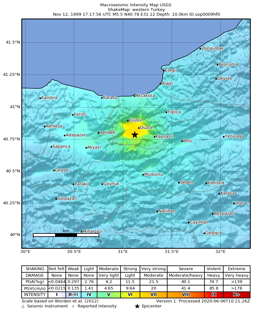 USGS ShakeMap: estimated shaking intensity around the epicenter