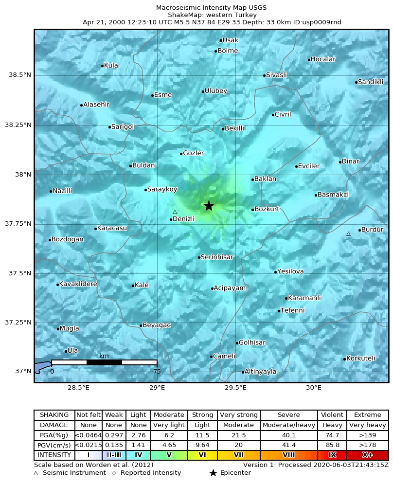 USGS ShakeMap: estimated shaking intensity around the epicenter