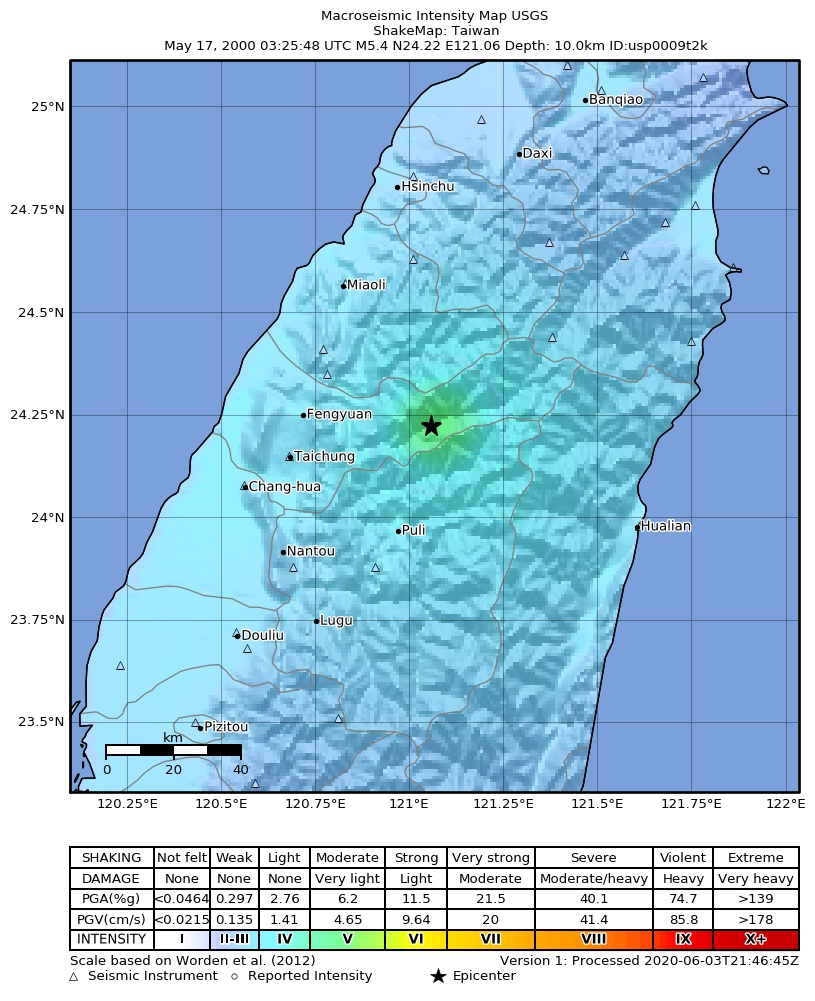 USGS ShakeMap: estimated shaking intensity around the epicenter